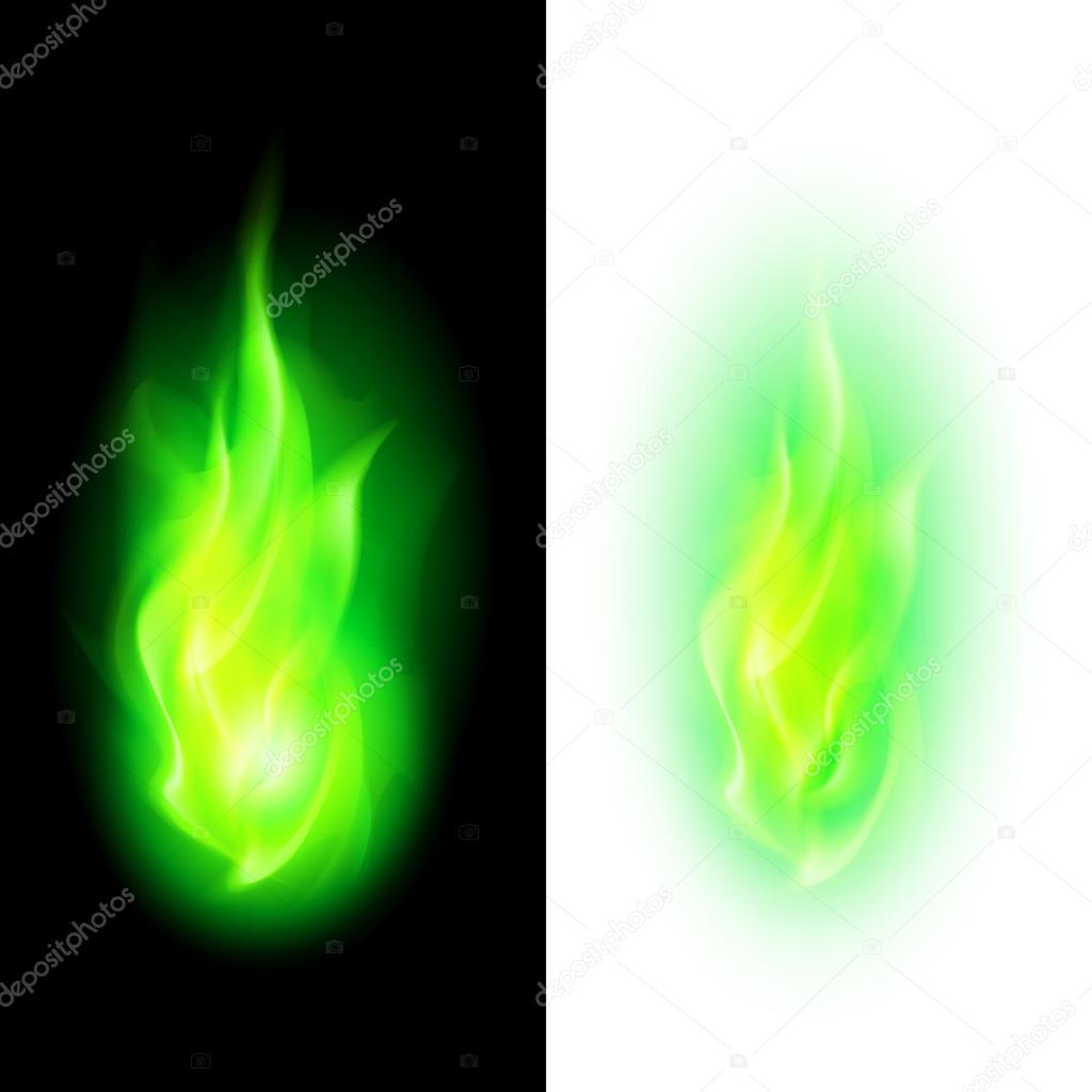 Green fire flames over contrast black and white backgrounds