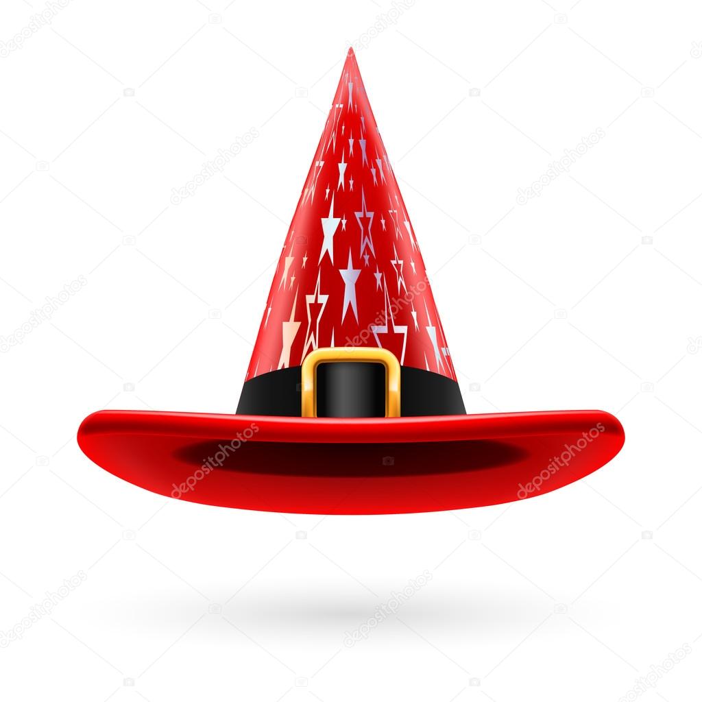 Red witch hat with golden buckle, hatband and silver stars ornament