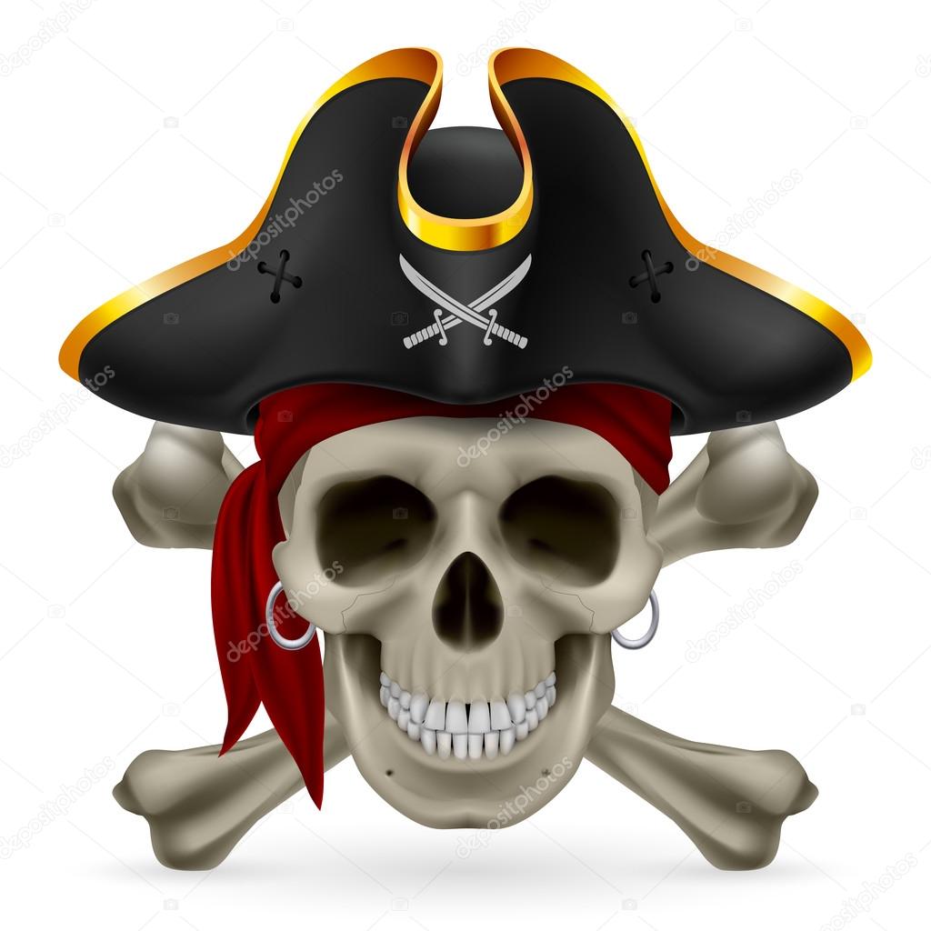 Pirate skull in red bandana and cocked hat with crossed bones