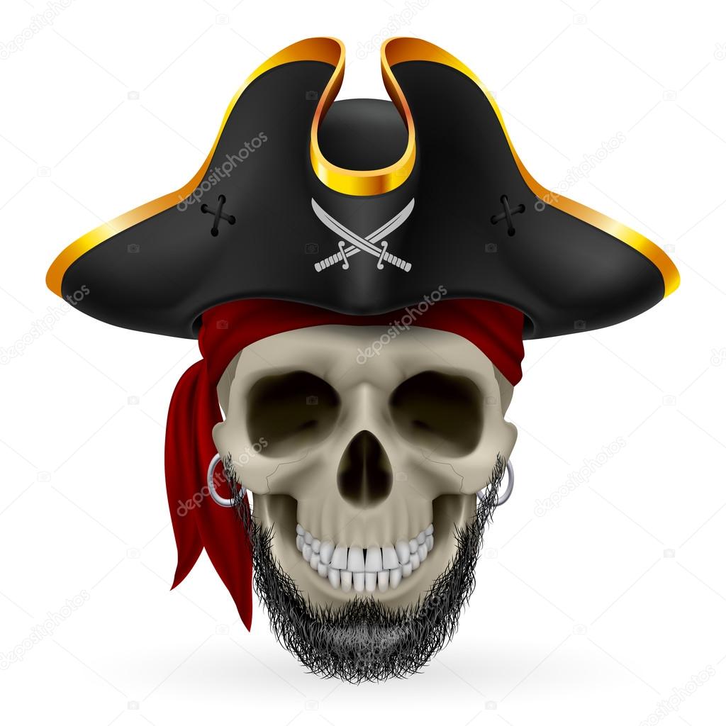 Bearded pirate skull in red bandana and cocked hat