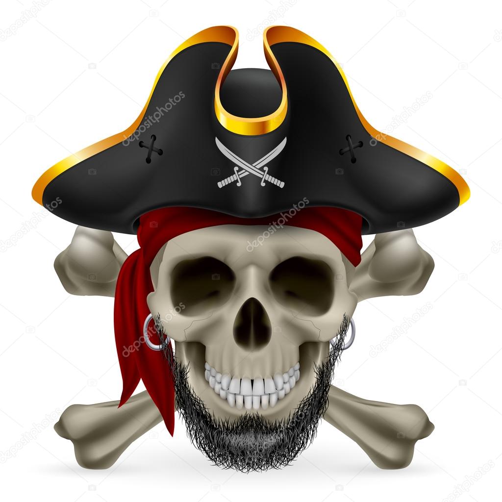 Bearded pirate skull in red bandana and cocked hat with crossed bones