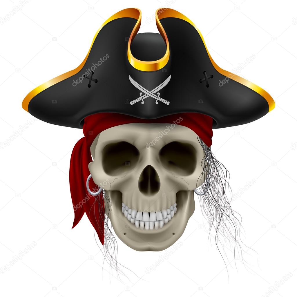 Pirate skull in red bandana and cocked hat with hair tuft