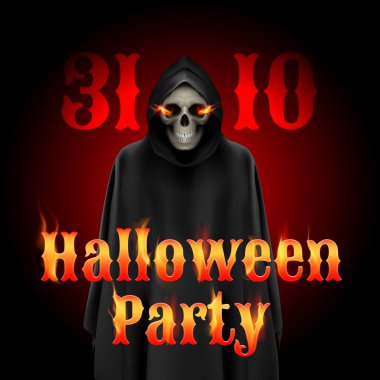 Cadılar Bayramı partisi davetiyesi tasarım Grim Reaper ve alev ile