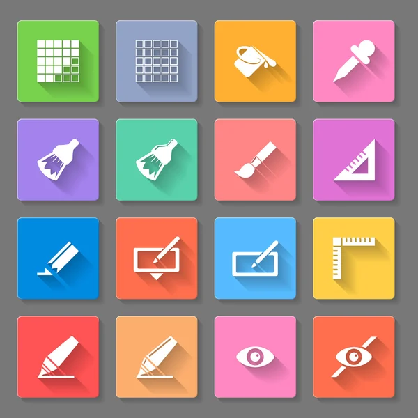 Set van platte vierkante knoppen met functies puttend uit de grijze achtergrond — Stockvector