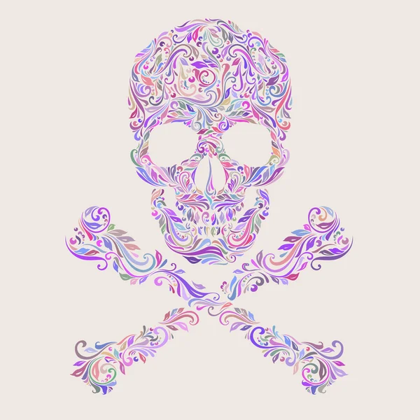 Patrón de colores florales de la forma del cráneo con huesos cruzados en el beige — Vector de stock