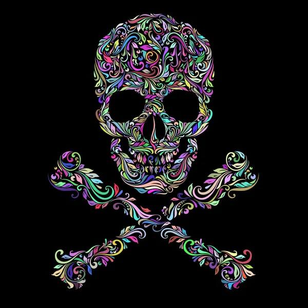 Patrón de colores florales de la forma del cráneo con huesos cruzados en el negro — Vector de stock