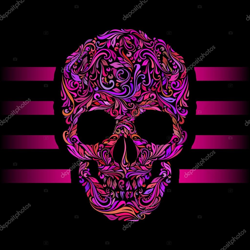 Floral pattern of form color skull. Pink stripes. Emo on black Stock Vector  by ©dvargg 98779638, image size:1024x1024