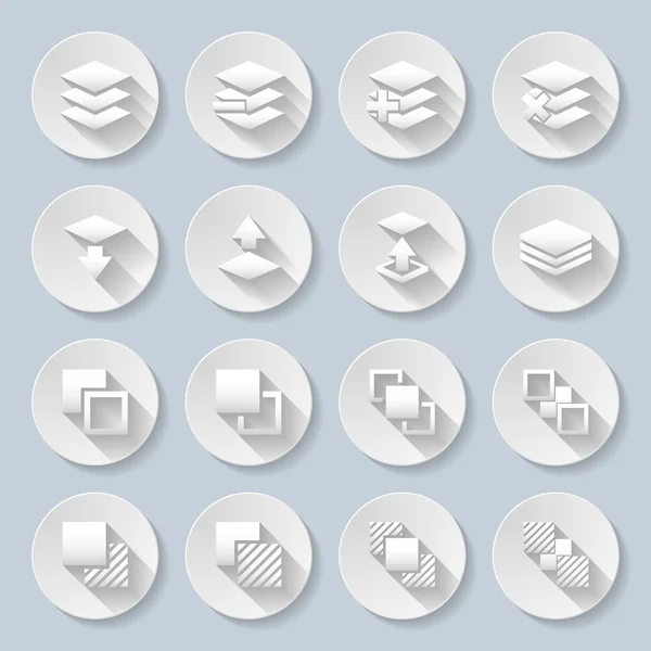 Set van platte ronde pictogrammen met functies voor het programma op een grijze achtergrond — Stockvector