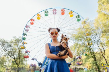 yorkshire terrier ile genç güzel kadın