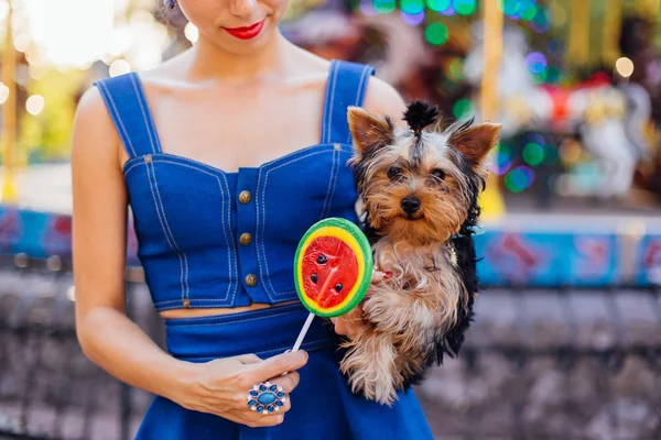 Parlak makyaj Yorkshire Terrier karpuz lolipop tutan ile güzel kız. 