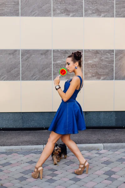 Bright makeup beautiful girl with Yorkshire Terrier holding watermelon lollipop.