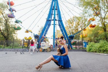 yorkshire terrier ile genç güzel kadın