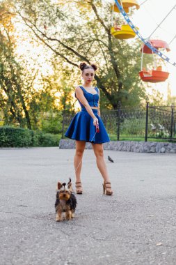 yorkshire terrier ile genç güzel kadın