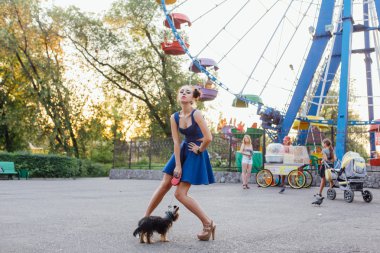 yorkshire terrier ile genç güzel kadın