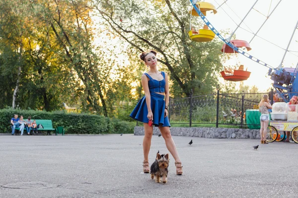 Ung vacker kvinna med yorkshire terrier — Stockfoto