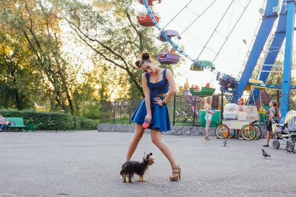 yorkshire terrier ile genç güzel kadın