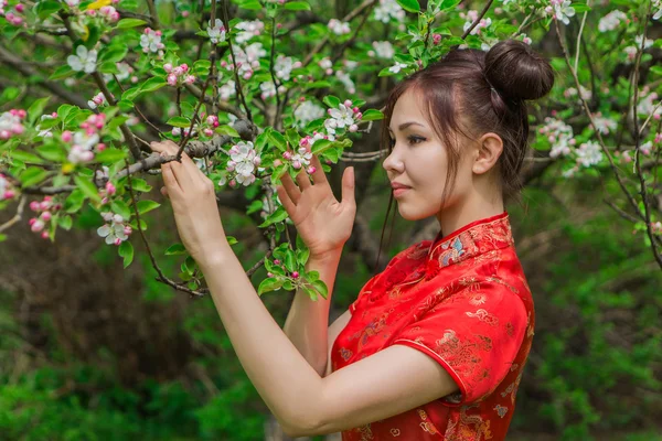 Vacker asiatisk flicka i traditionell kinesiska röda klänning. — Stockfoto