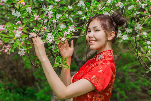 Menina asiática bonita em vestido vermelho chinês tradicional . — Fotografia de Stock