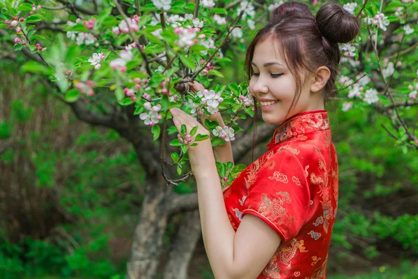 Hermosa chica asiática en vestido rojo chino tradicional . —  Fotos de Stock