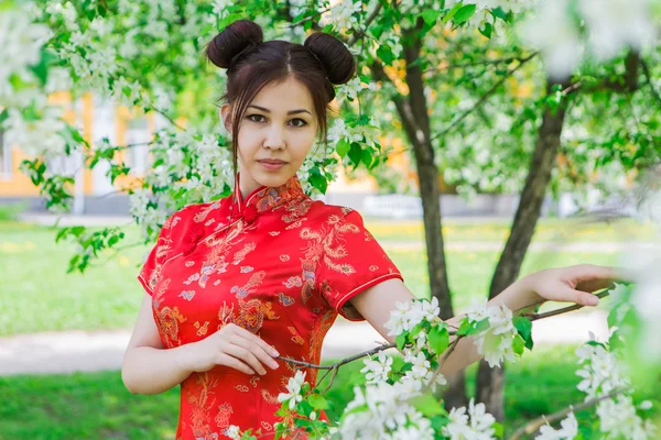 Schöne asiatische Mädchen in traditionellen chinesischen roten Kleid. — Stockfoto