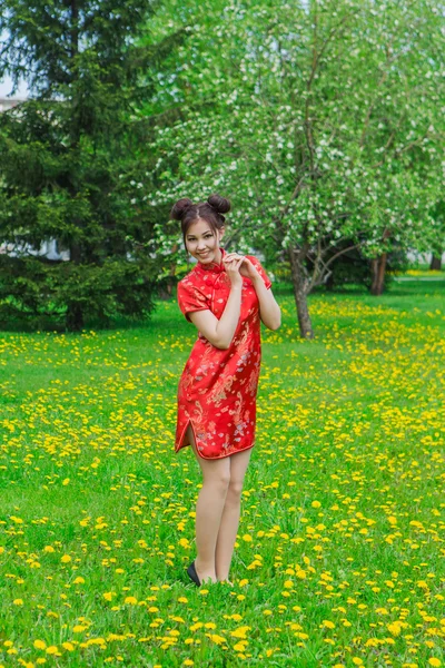 Menina asiática bonita em vestido vermelho chinês tradicional . — Fotografia de Stock