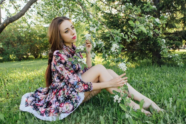 Vacker ung kvinna står nära äppelträdet. — Stockfoto