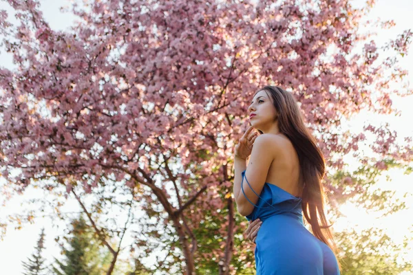 Mooie jonge vrouw die permanent in de buurt van de appelboom. — Stockfoto