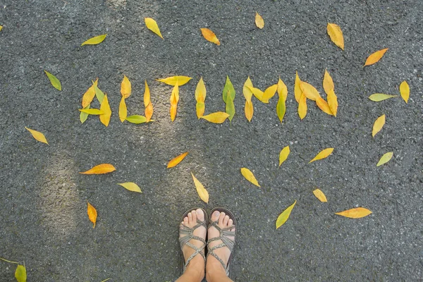 Palabra AUTUMN hecha de hojas en el fondo de asfalto . — Foto de Stock