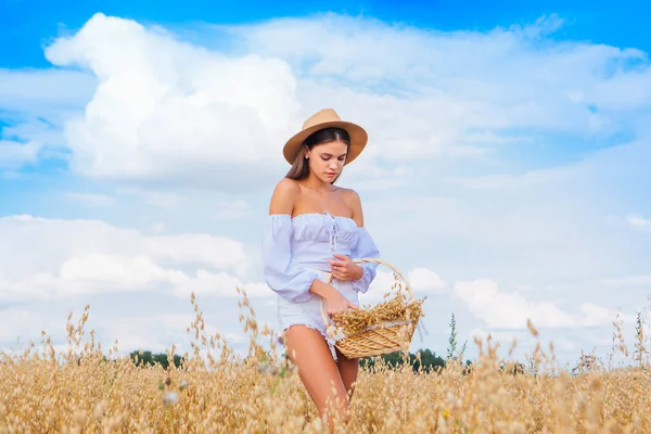 Rural Countryside Scene Mulher Bonita Nova Com Cabelo Longo Vestido — Fotografia de Stock