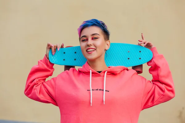 Stylish Young Woman Short Colored Hair Holding Blue Plastic Skateboard — Stock Photo, Image