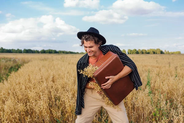 Rural Countryside Scene Tall Handsome Man Dressed Black Shirt Black — Stock Photo, Image