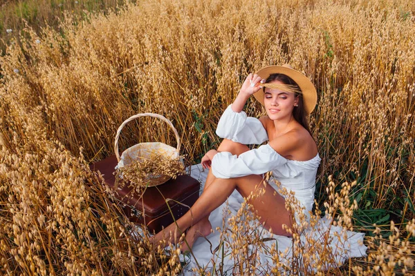 乡郊风貌 年轻美丽的女人 身穿白衬衫 头戴草帽 坐在篮子边的金色燕麦田边 长着燕麦的耳朵 — 图库照片