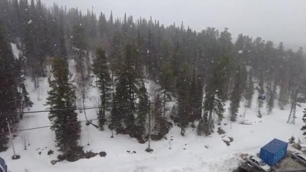 在多雪的天气下,在山坡附近移动滑雪车 — 图库视频影像