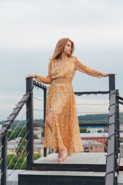 Uzun leopar desenli elbiseli güzel bir kadın bir binanın çatısında merdivenlerde dikiliyor..