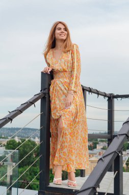 Uzun leopar desenli elbiseli güzel bir kadın bir binanın çatısında merdivenlerde dikiliyor..