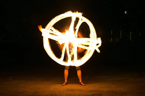 Fire-show man in action — Stock Photo, Image