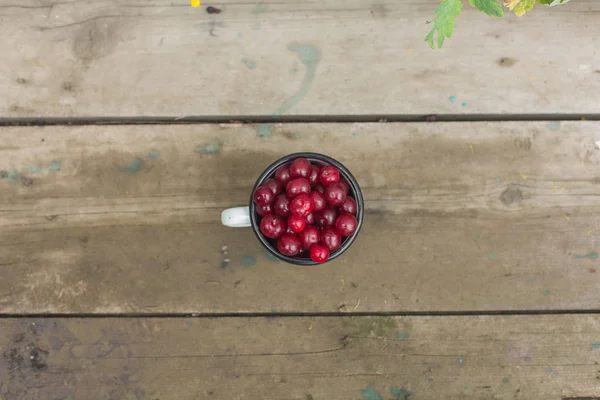 Cerejas em um copo de ferro — Fotografia de Stock