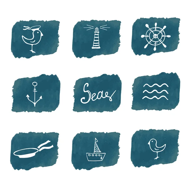 Sea handdrawn icons on watercolor background — Wektor stockowy