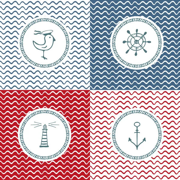 Sea hand drawn icons on wave background — Stock Vector