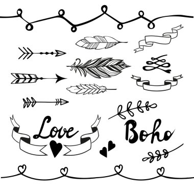 Boho doodle tasarım öğeleri koleksiyonu. Vektör çizim.