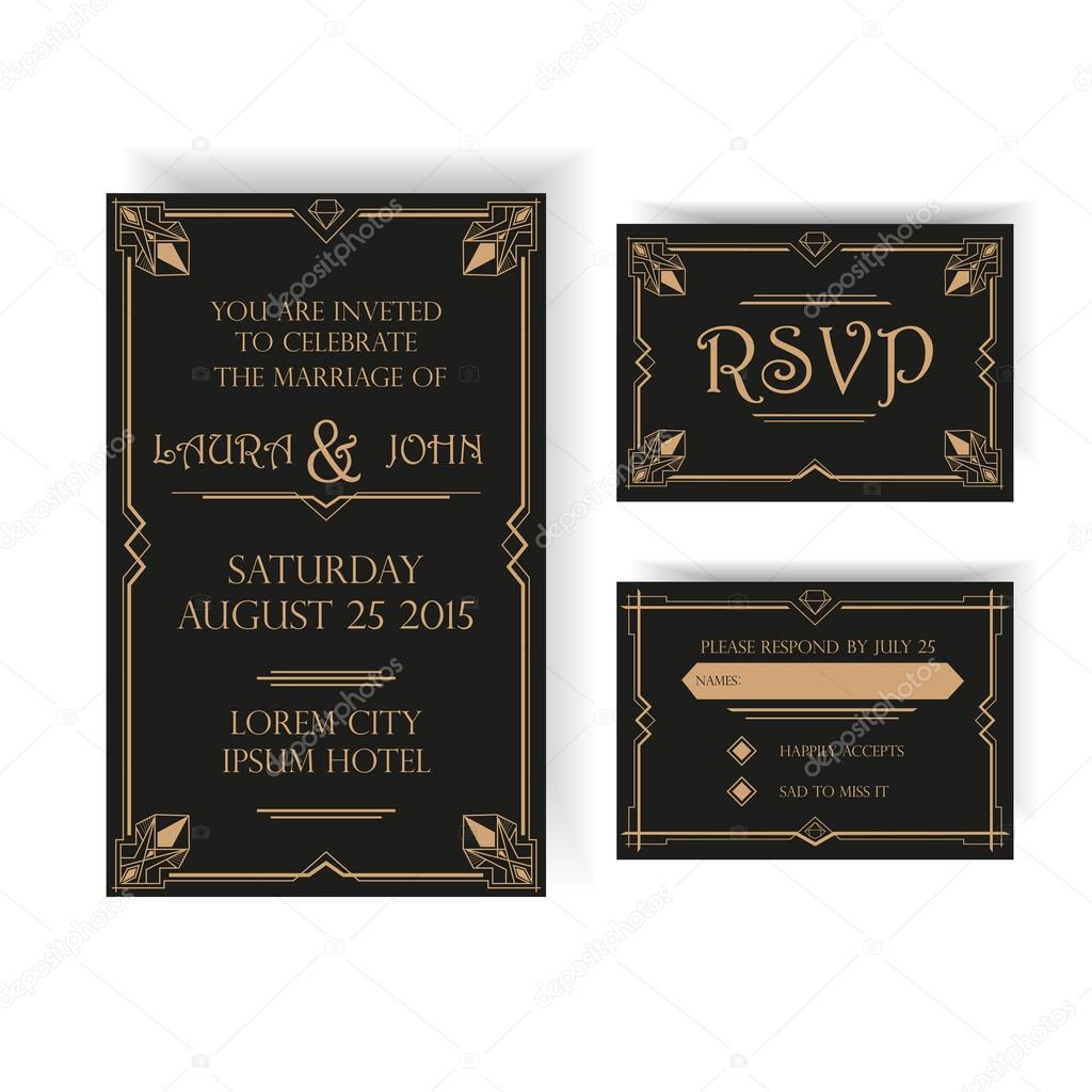  Wedding Invitation and RSVP Card - Art Deco Vintage Style