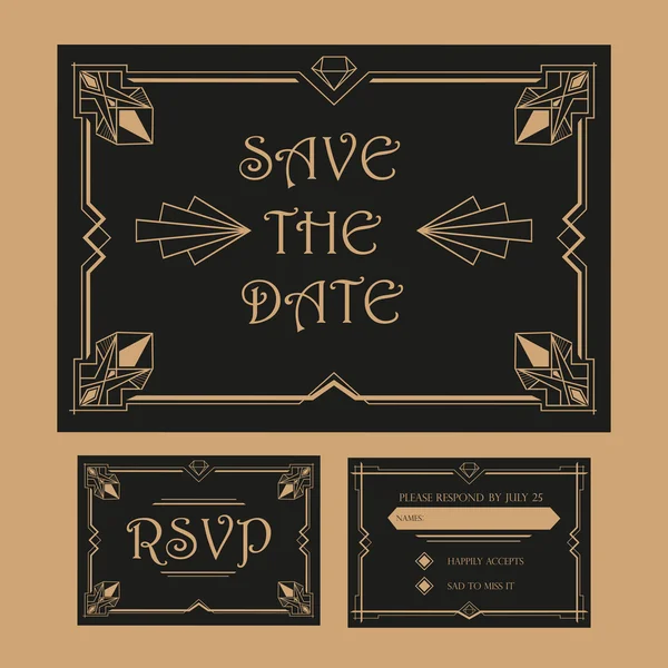 Wedding Save The Date and RSVP Card - Art Deco Vintage Style — Stock Vector