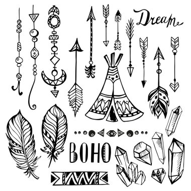 El etnik koleksiyonu çekilmiş. Vektör Boho öğelerle ayarla