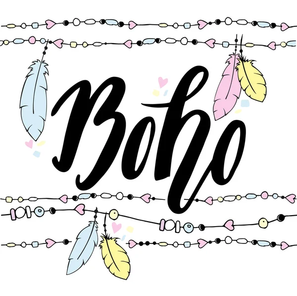 Hand drawn sign in boho style with handdrawn feathers and beads — Stock Vector