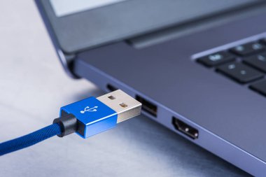 Kullanıcı kablosu dizüstü bilgisayara bağlanmaya hazır, veri iletim konsepti