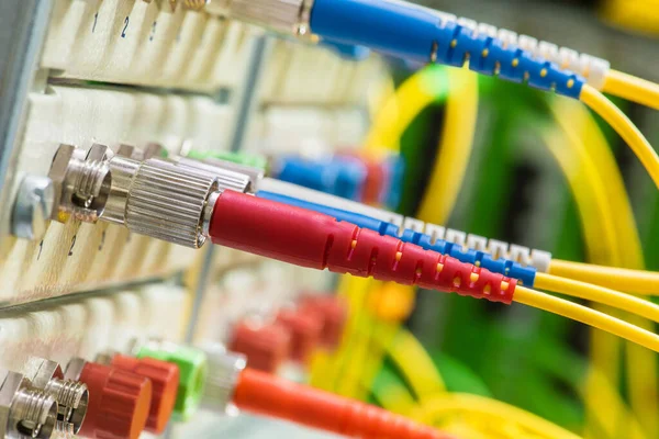 Telekomünikasyon Veri Merkezi Ndeki Dağıtım Paneline Bağlı Fiber Optik Kablolar — Stok fotoğraf