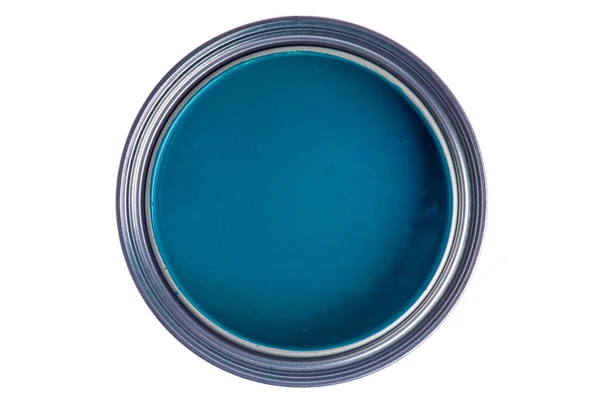 Aperto Lattina Vernice Blu Vista Dall Alto Sfondo Bianco — Foto Stock