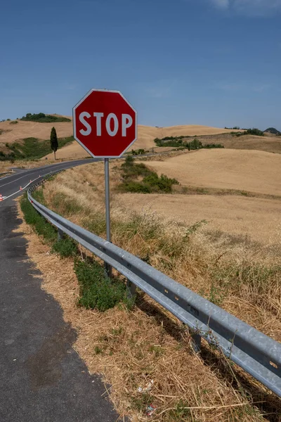 Stop Road Sign Hill Tuscany Italy — Stock Photo, Image