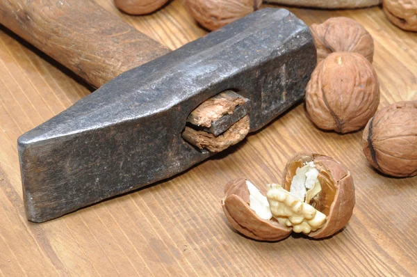 Walnuts and hammer — Stock Photo, Image