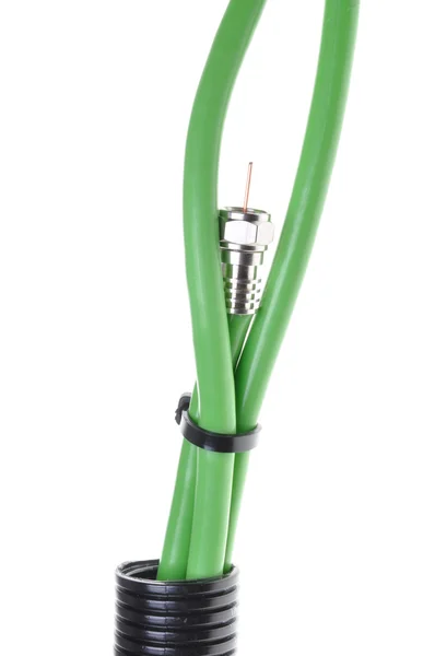 Groene coaxkabel met f-connector in golfkarton pijp — Stockfoto